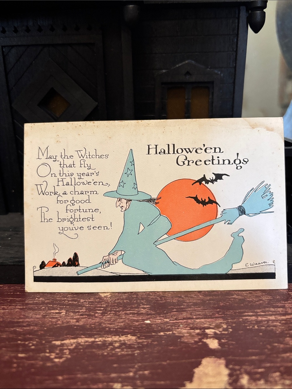 Blue Flying Witch Halloween Postcard authentic antique postcard